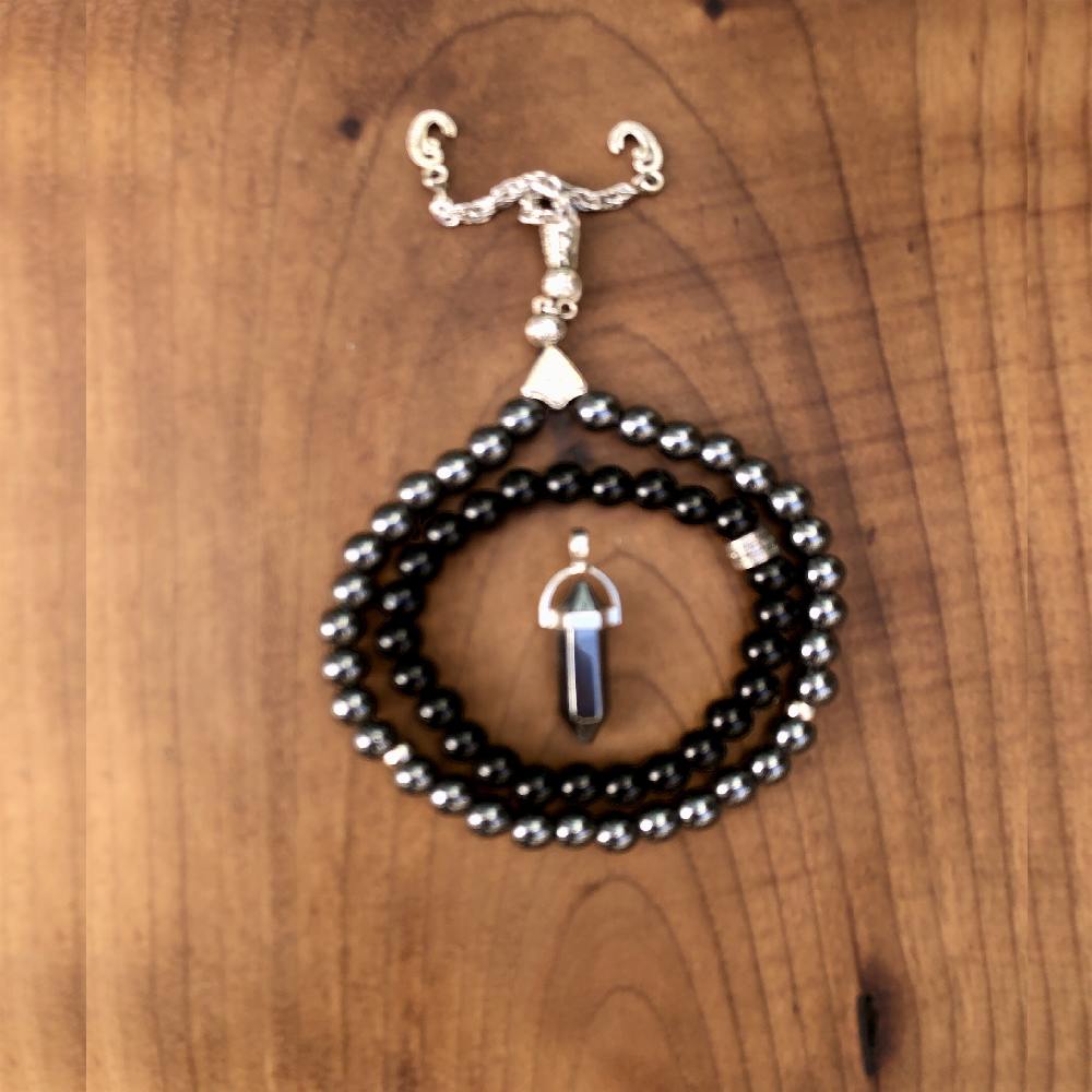 Hematit Tşı Tesbih Obsidyen Bileklik Ve Hematit Doğal Taş Pandül -Kolye Ucu Set