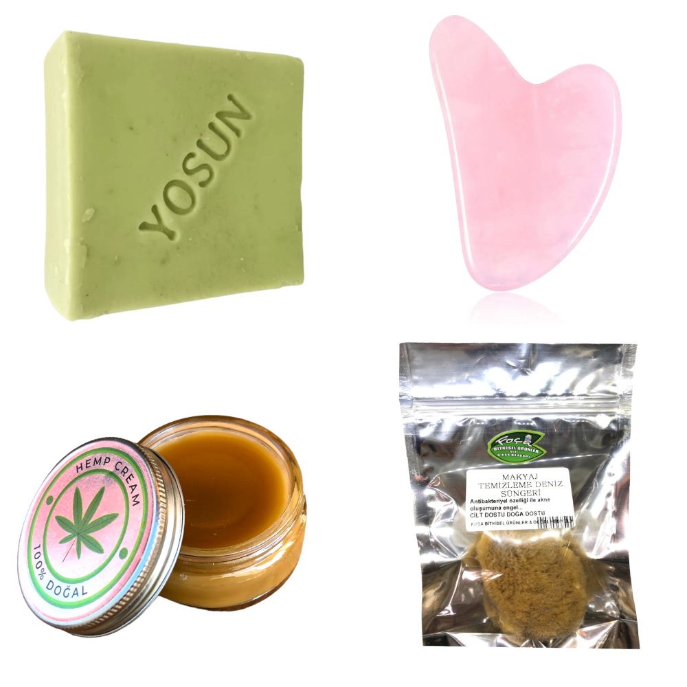 Yosun Sabunu-Pembe Kuvars Guasha-Kenevir Cilt Bakım Kremi - Makyaj Silme Deniz Süngeri 4 lü Set